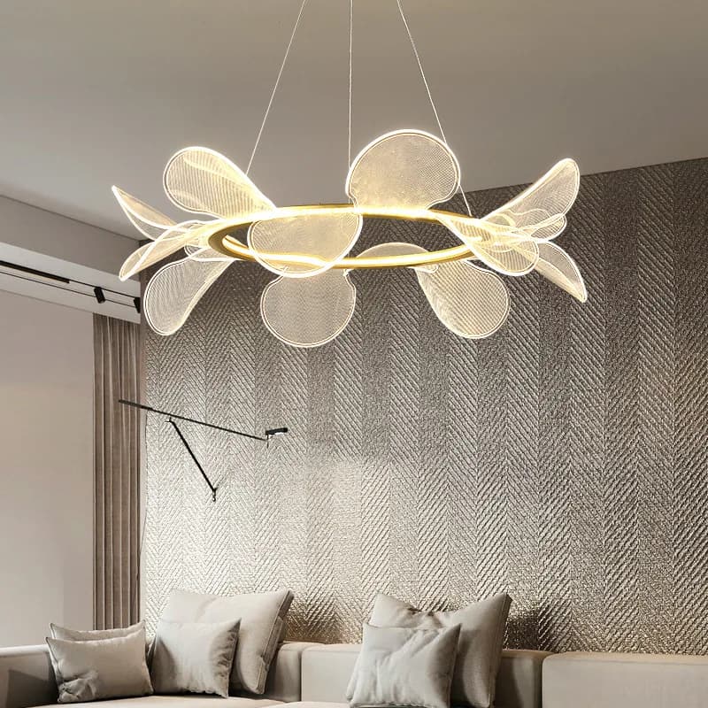 Lampadario moderno con fiori volanti Lampadario a sospensione in acrilico di lusso per soggiorno, camera da letto, cucina, decorazione, lampada a sospensione ad anello a led