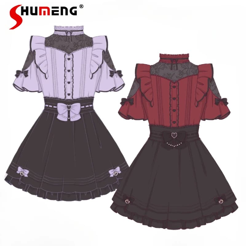 Japanese Rojita Mine gothic style lace short sleeve shirt embroidery skirts Patchwork curled two-piece dresses for women