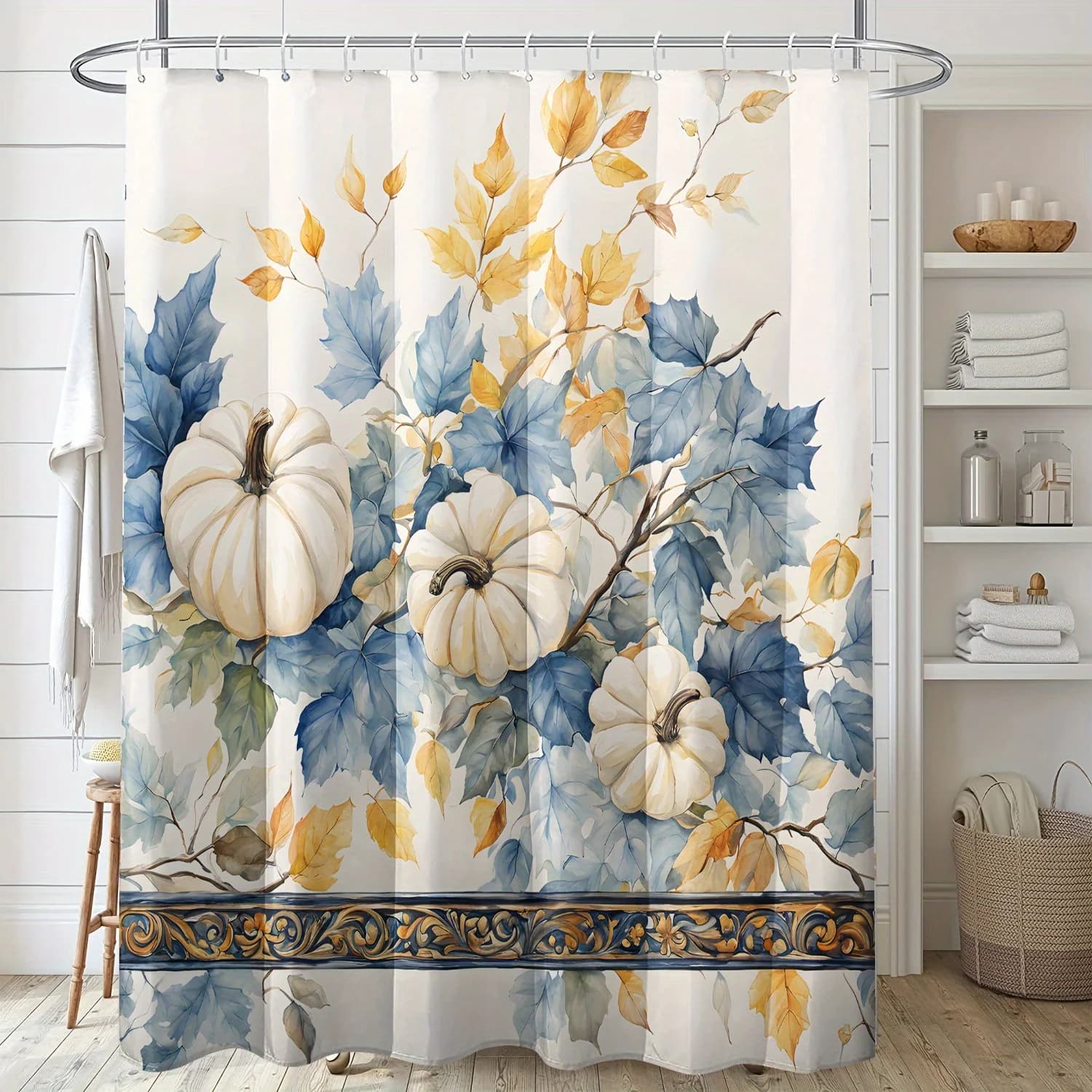 1 tenda da doccia in stile pittura a olio con zucca autunnale e foglie blu, tessuto in poliestere, lavabile in lavatrice, adatta per il bagno