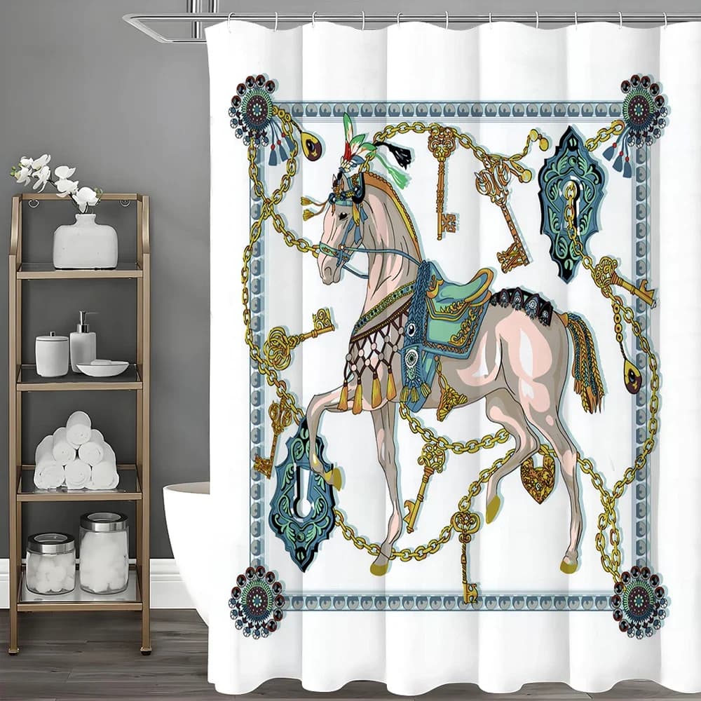 Modern shower curtain with creative art horse, decorative shower curtain for bathroom, waterproof shower curtain with hooks