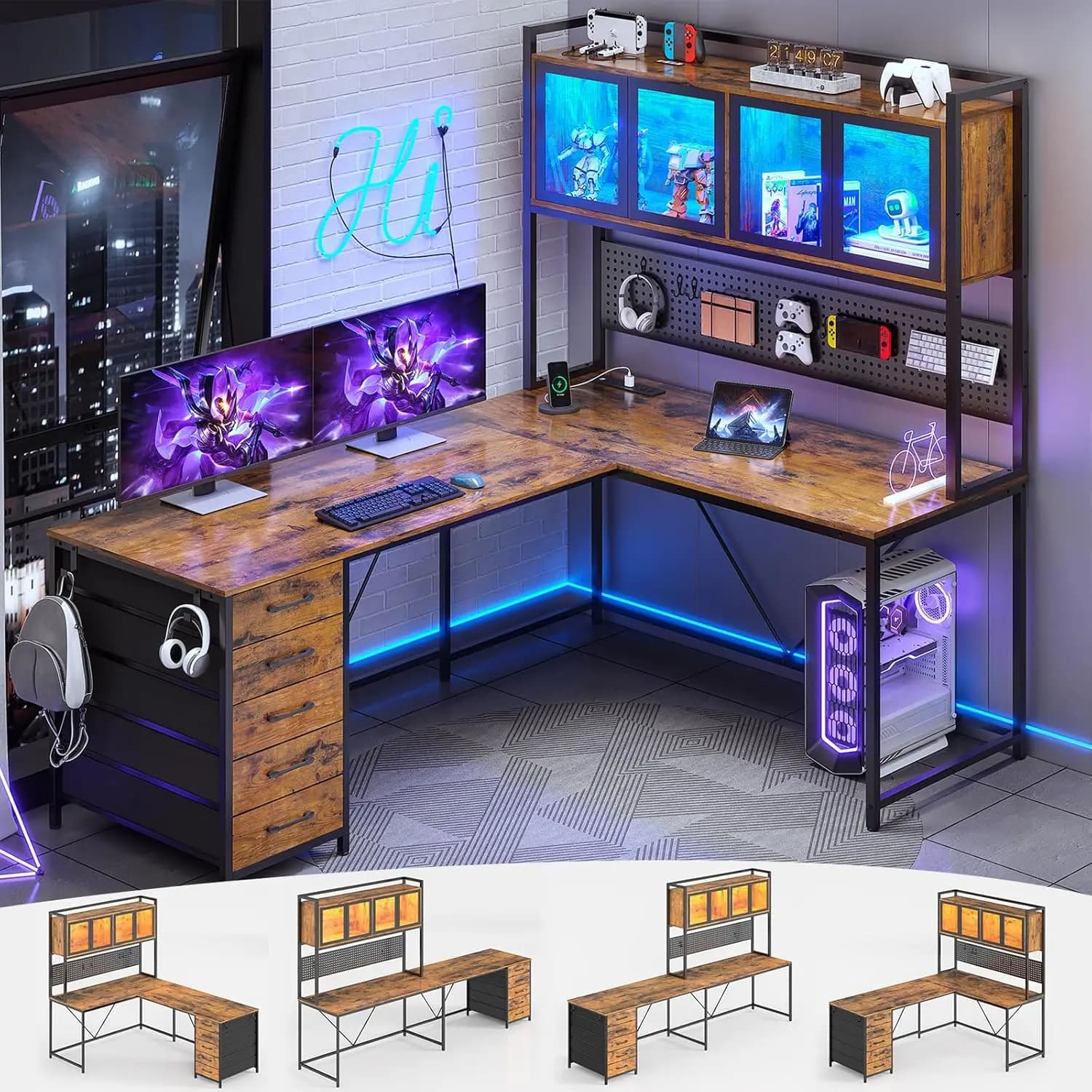 Scrivania da Gaming a L con Cassetti, Pannello Forato, LED e Presa di Corrente, per Ufficio Domestico, Angolare, Marrone Rustico, Personalizzabile