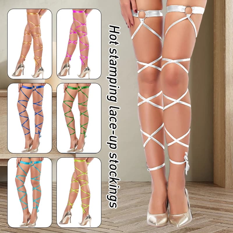 Donne sexy Lingerie Fasciatura Calze a rete Cintura imitazione Anello per gamba Cintura lunga con cravatta Coscia-alta Rave Avvolge Collant con spalline