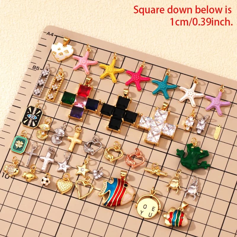 Love Heart Cross Star Pineapple Pizza Bread Beetle Bird Starfish Pendant Charms,Real 18K Gold Plated Jewelry Making Supplies T07