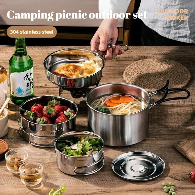 Outdoor Camping Cookware Set Stainless Steel Camping Pot Outdoor Bowl Pot Set Hiking Backpacking Cooking Picniccamping gadgets