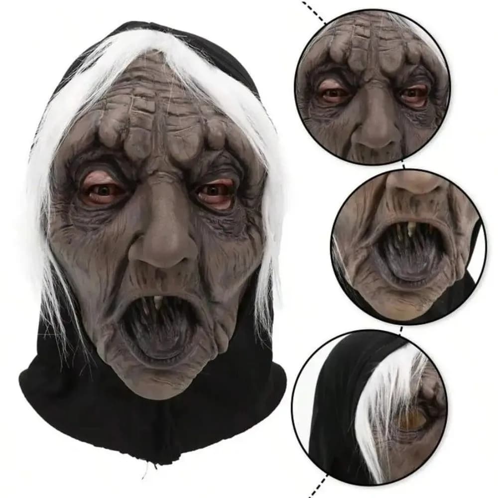 Black Tongue Halloween Ghost Witch Mask Latex Non-toxic White-haired Witch Mask 3D Realistic Party Cosplay Props Carnival