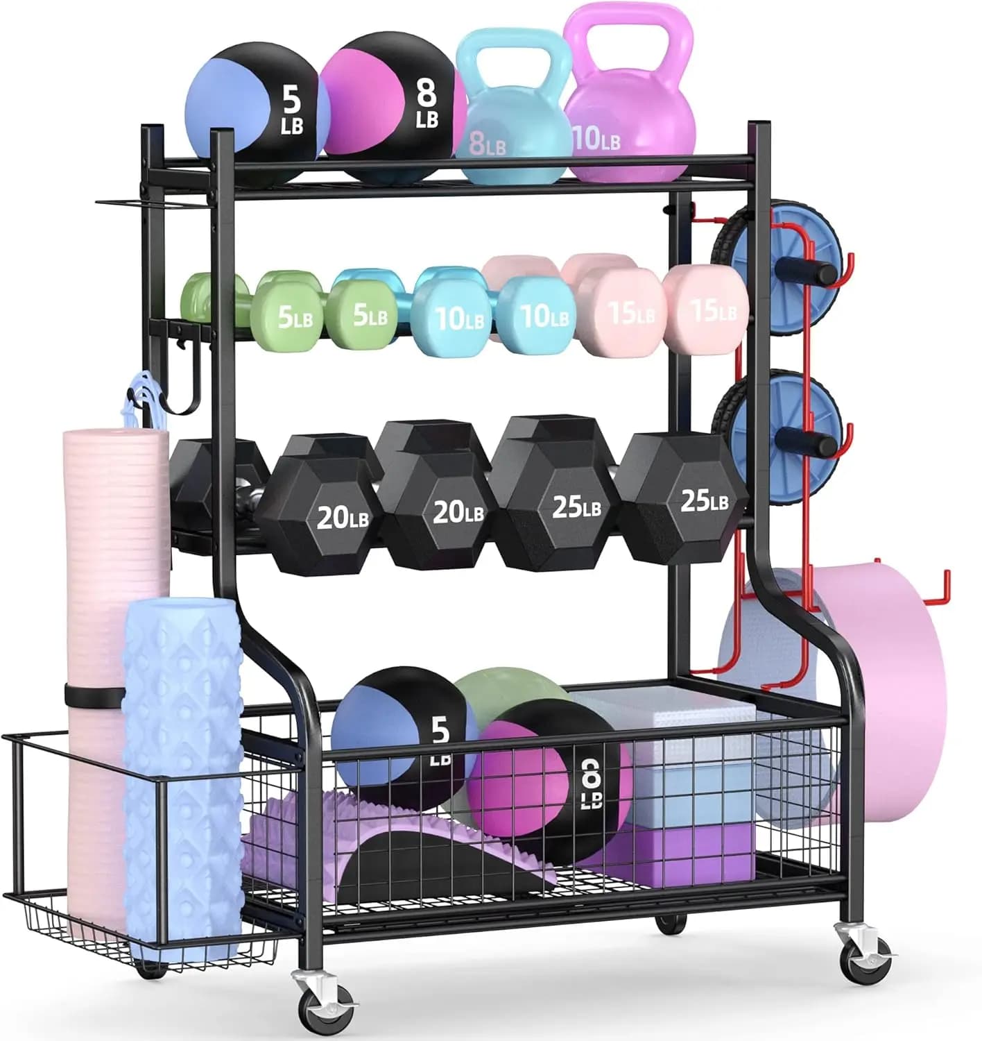 Handlebar holder with wheels and hooks, all-in-one solution for the organization of handlebars, kettlebells, yoga mats and balloons for the home gym