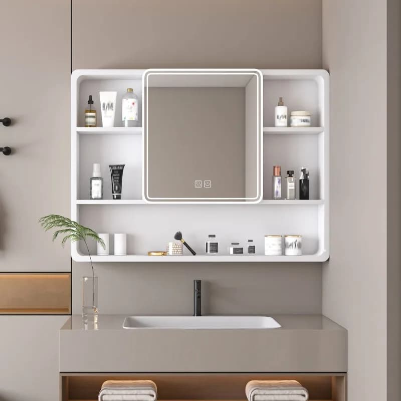 Armadietto a specchio bianco da parete per bagno con ripiani multipli sopra il lavandino per articoli da toeletta