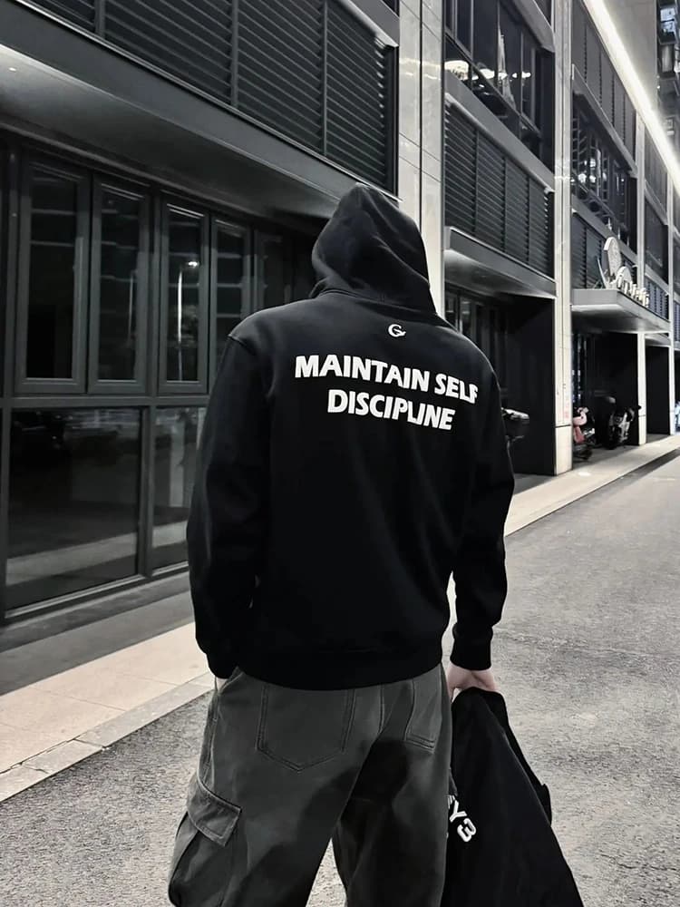 Black Fleece Lined Boxy Sweatshirt Men's Heavyweight American Cleanfit Jacket Shoulder Widthened Hooded Top for Autumn Winter