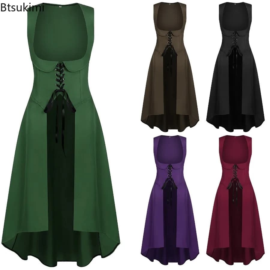 Medieval Women Renaissance Lace-Up Vest Dress Irregular Hem Dress Sleeveless Sweetheart U-Neck Gothic Pirate Cosplay Costume