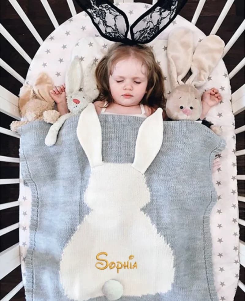 Nome personalizzato coperta per neonato Swaddle coperta lavorata a maglia per bambino coniglio cartone animato Plaid neonato biancheria da letto per bambini fasce