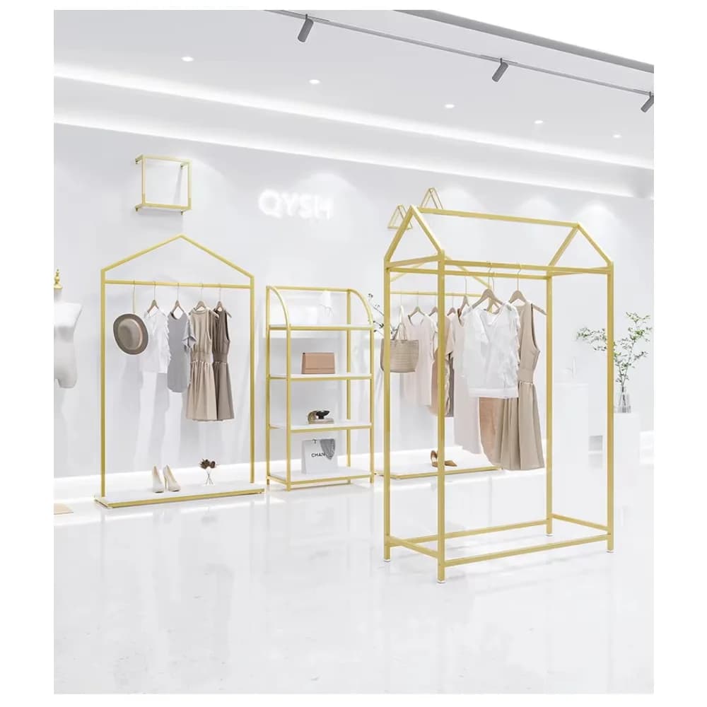 Polished Gold Stainless Steel Clothes Rail and Display Multilevel Shoes Bag Garment Rack Coat Hanger Stand Clothes New Design