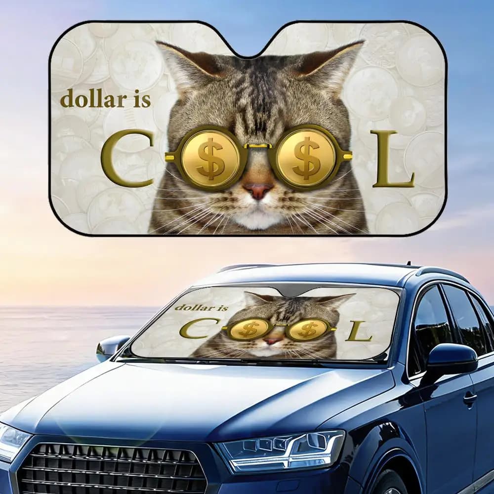 Parasole per auto in lamina di alluminio riutilizzabile con motivo gatto e occhiali da sole a dollaro, protezione UV e isolamento termico