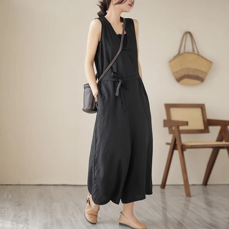Salopette casual in cotone Lin per donna Estate a vita alta Pantaloni a nove punti Tuta Abbigliamento da lavoro Sle Design in vita con cintura