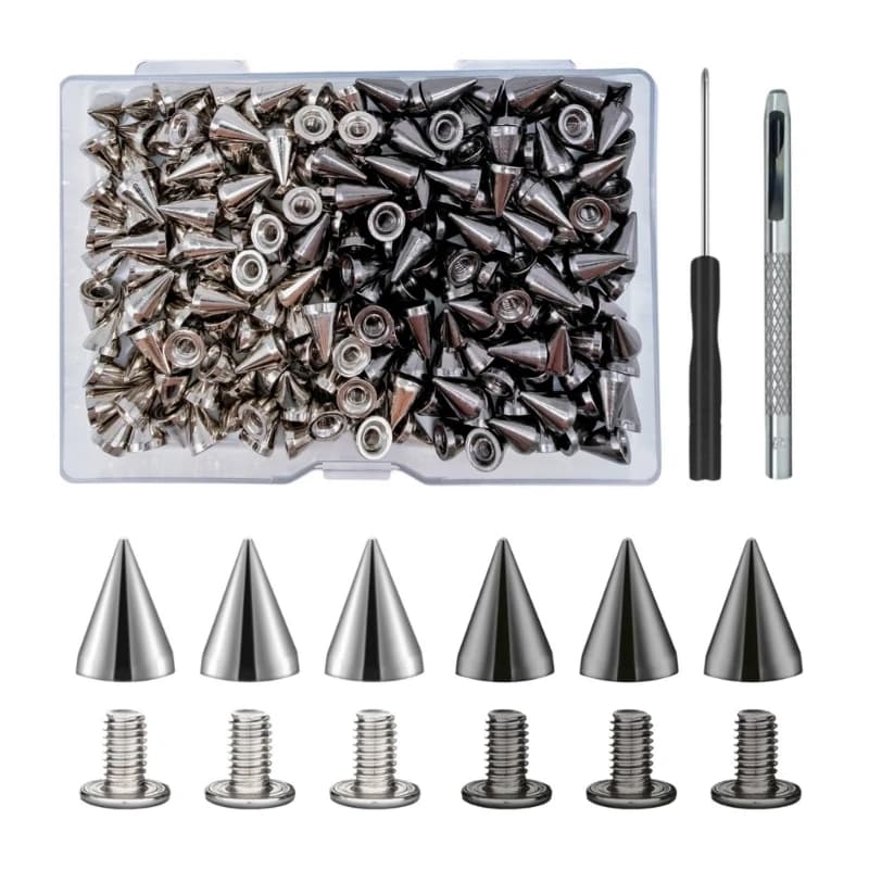 H7BF 200Sets 7x10mm Metal Punk Studs Rivets With Hole Puncher Installation Tool For Leather Belts Garment Handbag Dog Collar