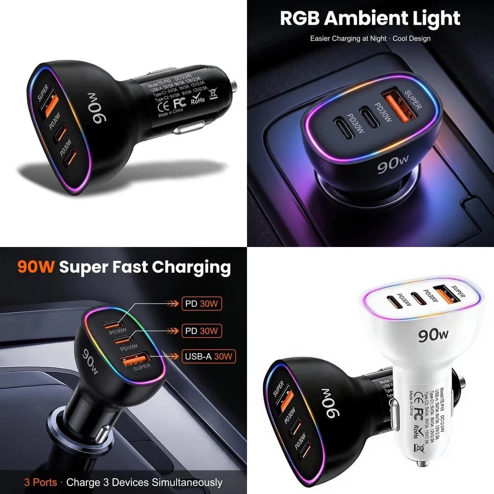 90W USB C Car Charger Multi Port Super Fast Charging Dual PD 30W Type C USB A 30W Adapter for Laptop MacBook Phone RGB LED Car