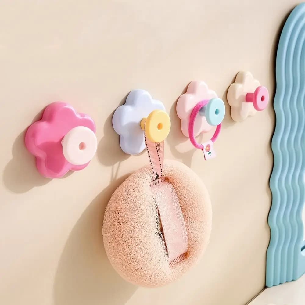 Set di 4 Ganci Multifunzionali a Ventosa Senza Foratura, Appendiabiti da Parete Impermeabile, Ganci Decorativi a Forma di Fiore per Cucina