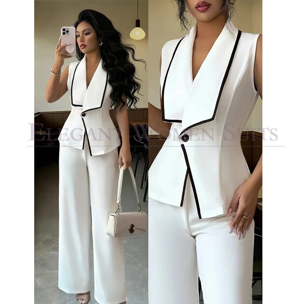 Completo da donna casual monopetto personalizzato senza maniche con risvolto a scialle, completo bianco con pantaloni e giacca, elegante blazer estivo da ufficio