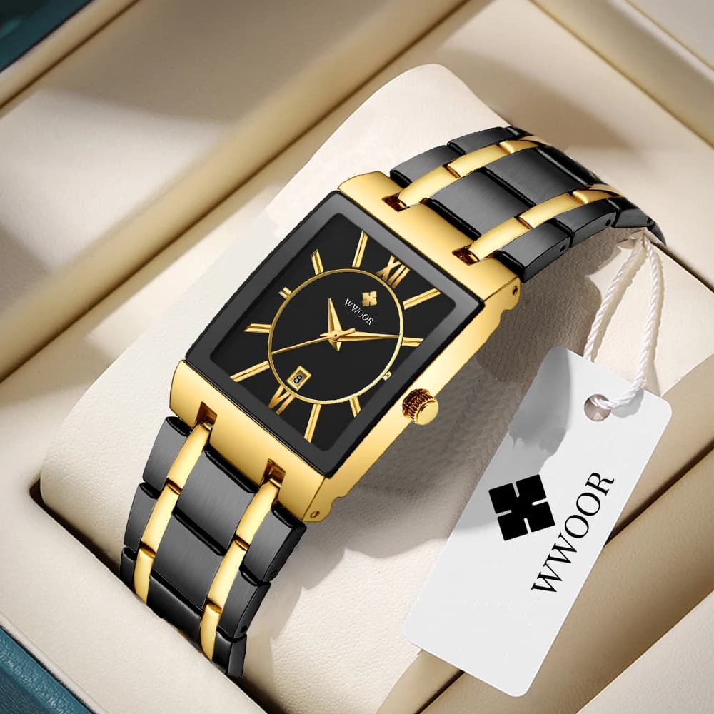 Relogio Masculino WWOOR Men's Watch Gold Watches Square Men's Watch Waterproof Golden Quartz Stainless Steel Wrist Watch