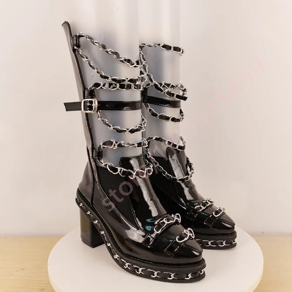 Black Patent Leather Sexy Catwalk Short Boots 2025 Pointed Belt Buckle Thick Heel Stage Boots Fashion Women's Party Casual Boots