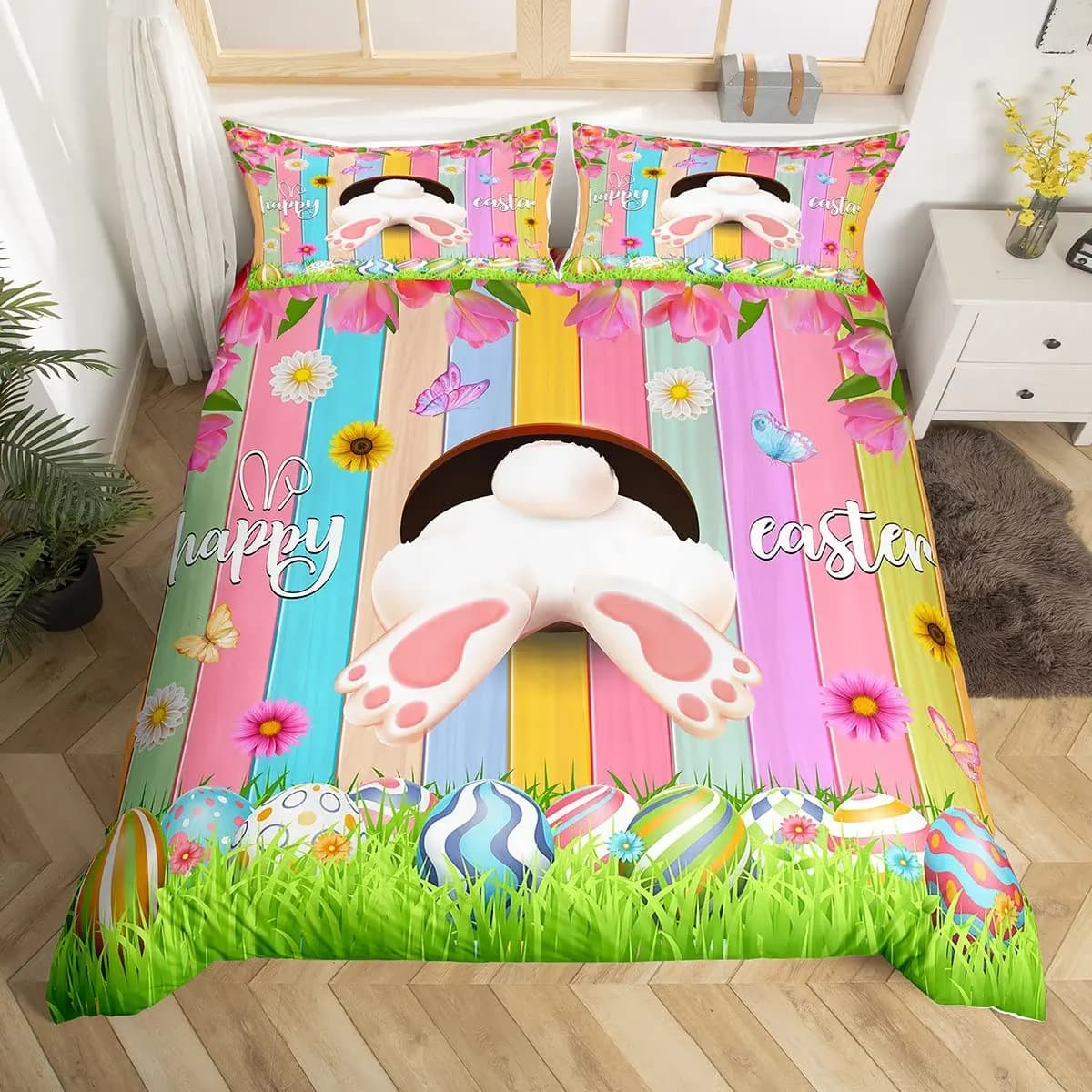 Easter Eggs Rabbit Tailed Wallet Turbine Flowers Rainbow Wallet Wood table Set of bed linen for cartoon animals Easter decoration