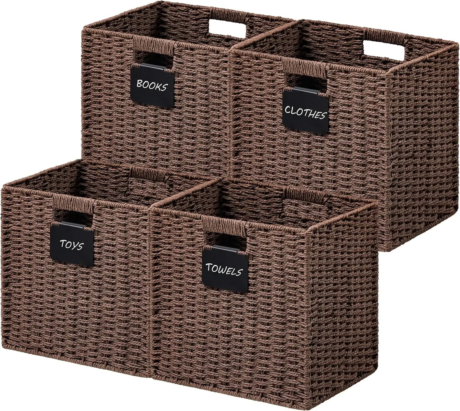 Cubi portaoggetti intrecciati, confezione da 4, 13x13 con manici, cesto quadrato pieghevole per scaffali e armadi, marrone