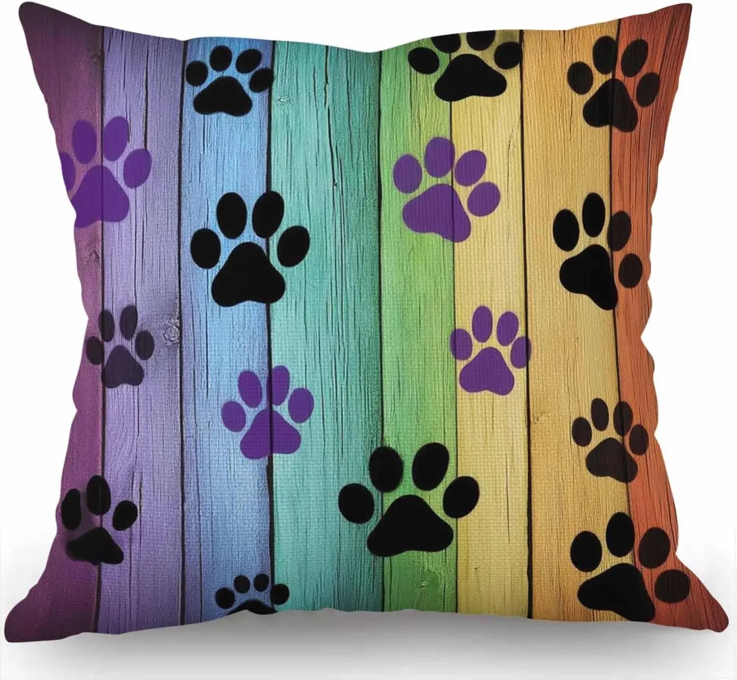 Rainbow Woodgrain Dog Paw Double-Sided Pillow Case Rustic Decorative Cushion Cover Print Home Decor for Couch Bed Sofa Room