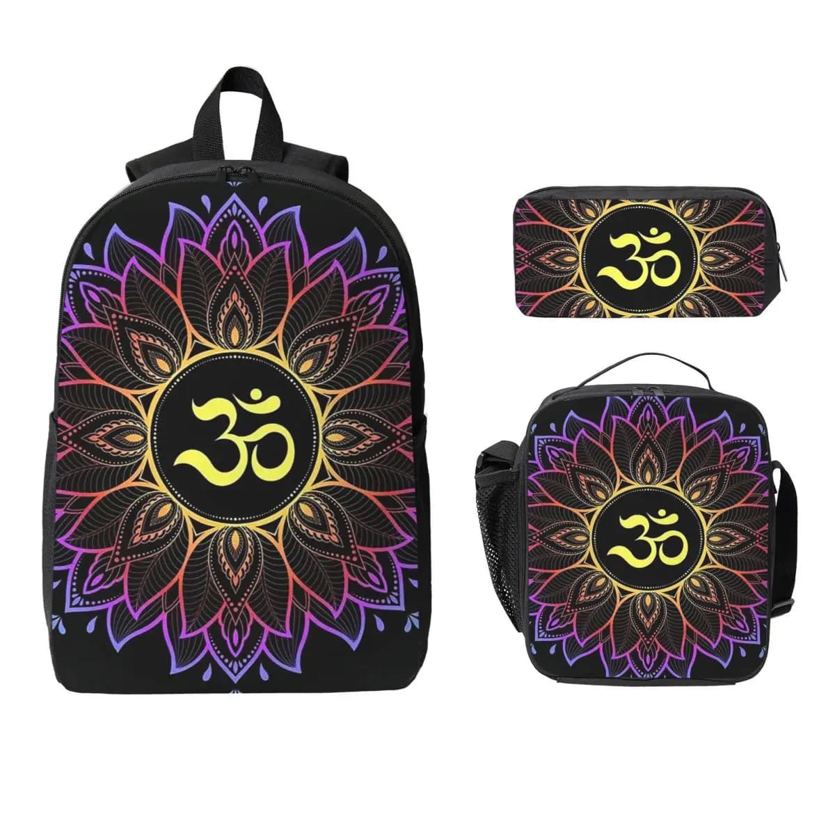 Zaino Dorato con Mandala Om Yoga Aum Ohm Henna, Borsa per Libri, Borsa per Scuola, Borsa per Laptop, Borse a Tracolla, Set 3 Pezzi con Borsa Termica per Pranzo e Astuccio