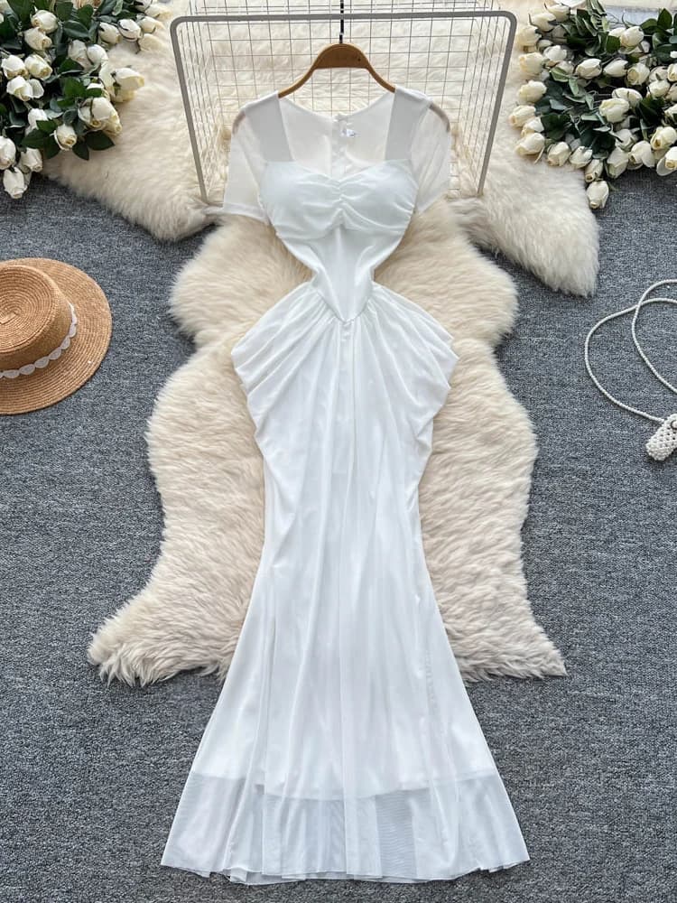 Abito Elegante a Maniche Corte con Colletto Quadrato da Donna, Vestito Estivo a Vita Alta Asimmetrico Effetto Snellente, Stile Coreano A-Line per il Commuting Urbano