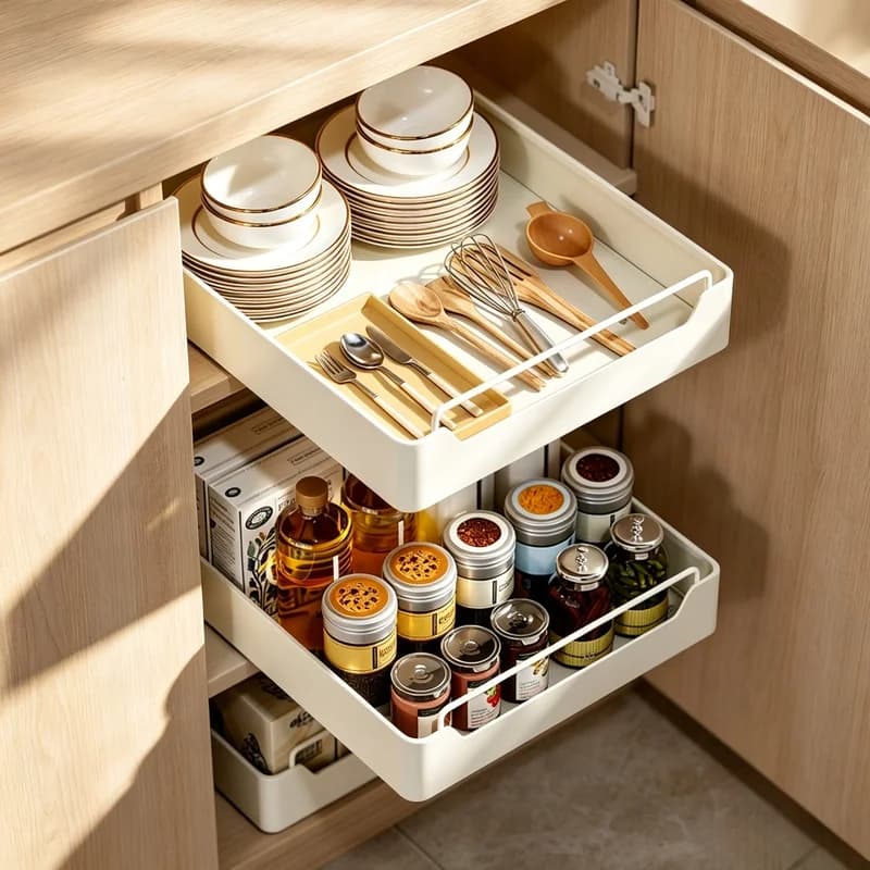 Pull‑Out Metal Spice Tray With Sliding Rail Kitchen Cabinet Condiment Drawer Organizer
