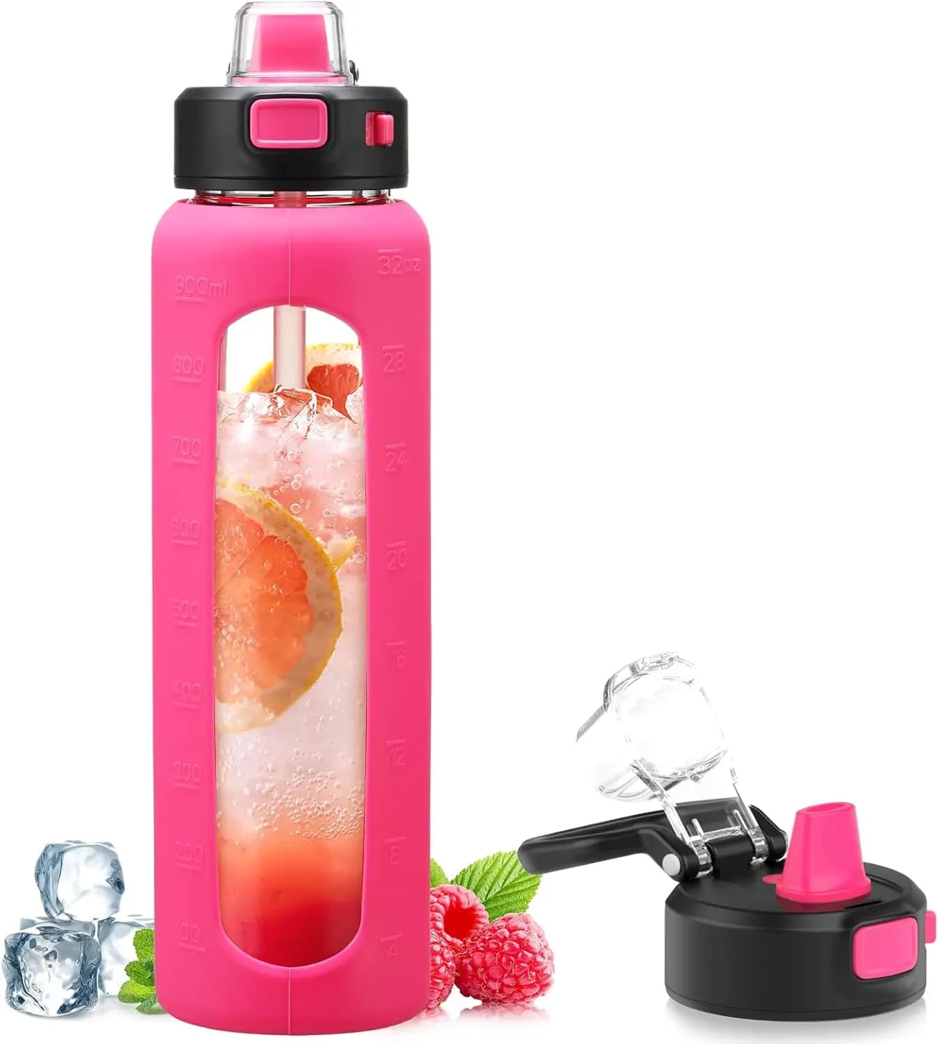 32 oz glass water bottle with straw, tinted lid, time indicator for travel, gym, sport - Red Rose