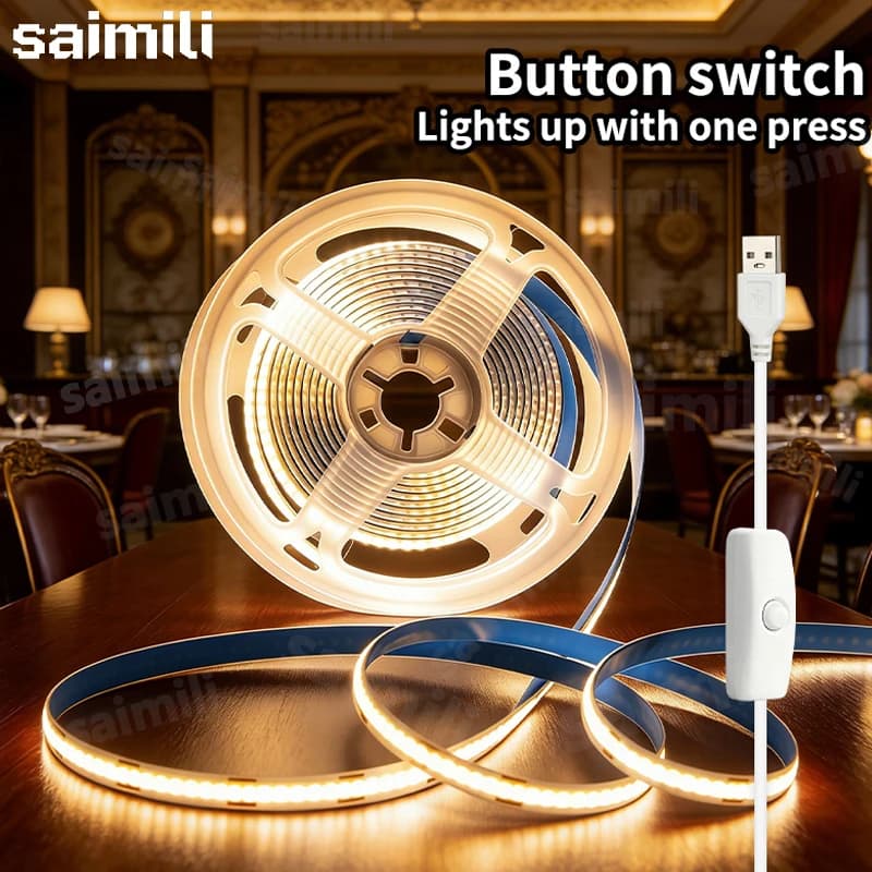 USB High Density COB LED Strip Button Switch Flexible Self Adhesive Linear Lamp Multiple Sizes For Cabinet DIY Ambient Lighting