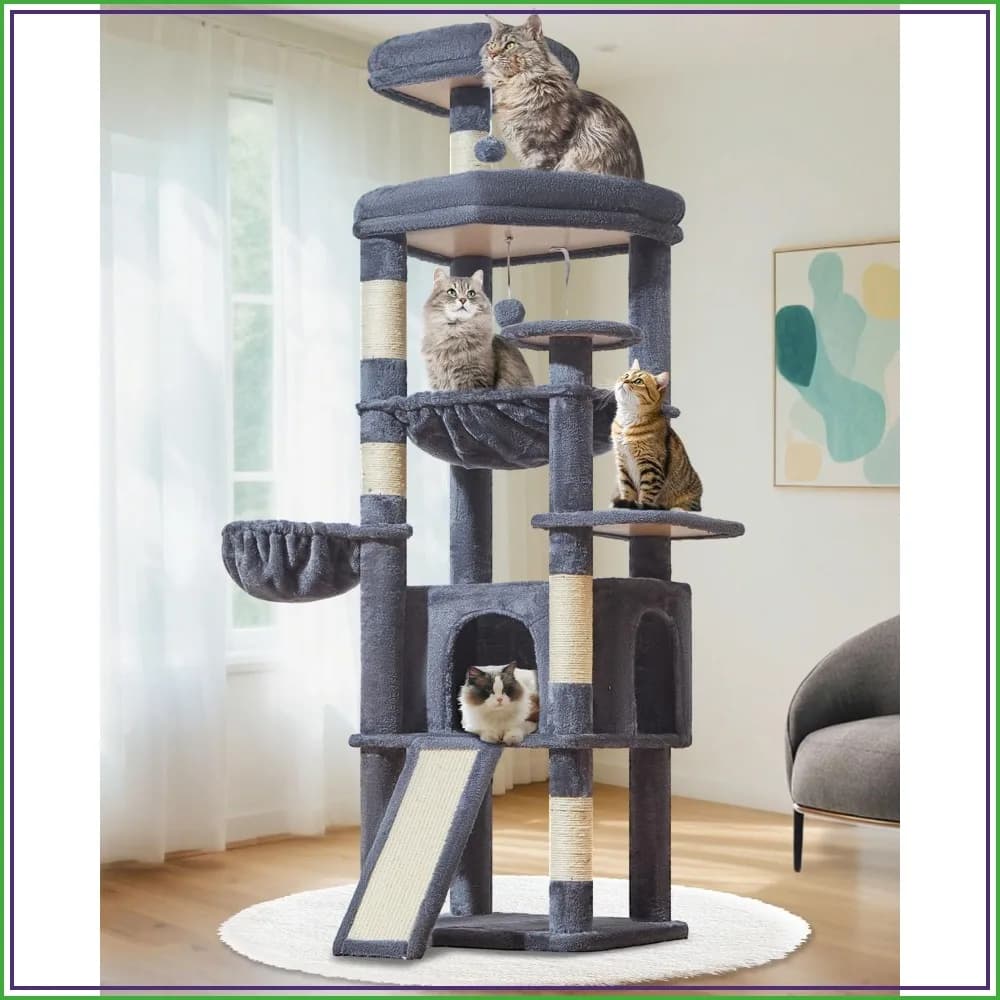 72-Inch Cat Tree for Large Cats, Multi-Level Tower with Wide Condo, Scratching Posts, Hammock, Smoky Gray