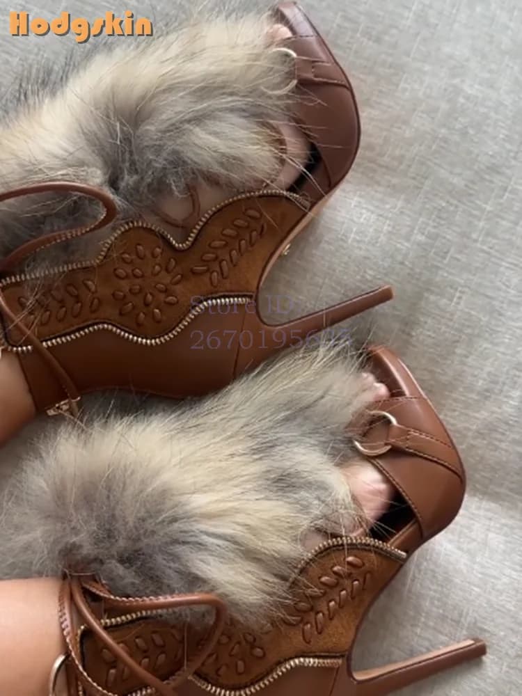 Patchwork Suede Faux Fur Decor Sandals Retro Round Toe Metal Buckle Strappy Stilettos 2026 Summer Women Lace-up Shoes High Heels