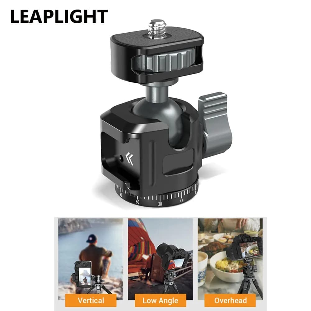 LEAPLIGHT Mini testa a sfera in metallo con rotazione a 360° Testa panoramica per treppiede + Adattatore per montaggio su slitta fredda per supporto per telefono con treppiede per fotocamera DSLR