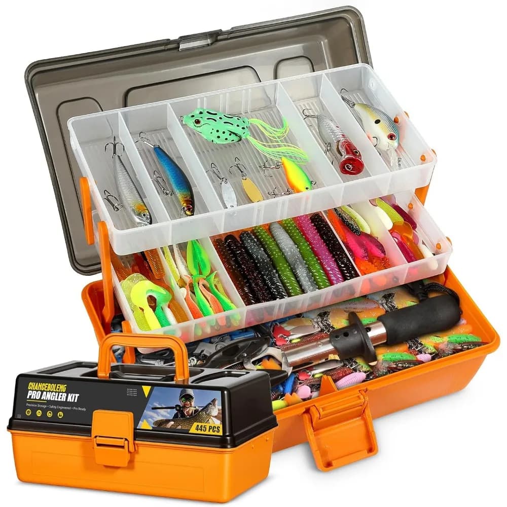 Set di 445 Esche da Pesca con Scatola Porta Attrezzi a 3 Strati, Pinze, Crankbait, Ami, Pesi e Accessori per Acqua Dolce, Regalo per Pescatori