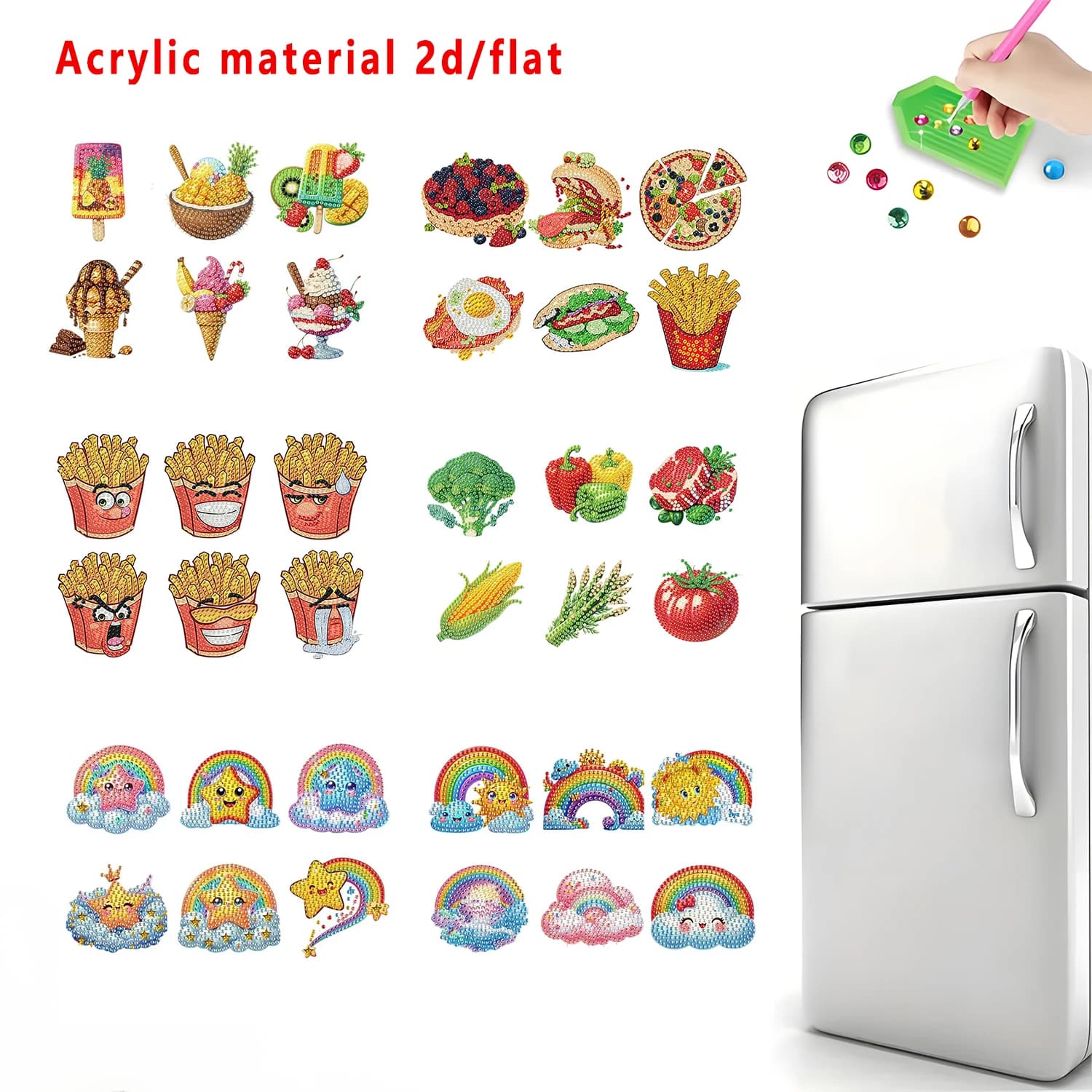Set di 6 magneti per frigorifero con pittura a diamante, con disegni di cibo, dolci e snack, decorazione fai da te per frigorifero