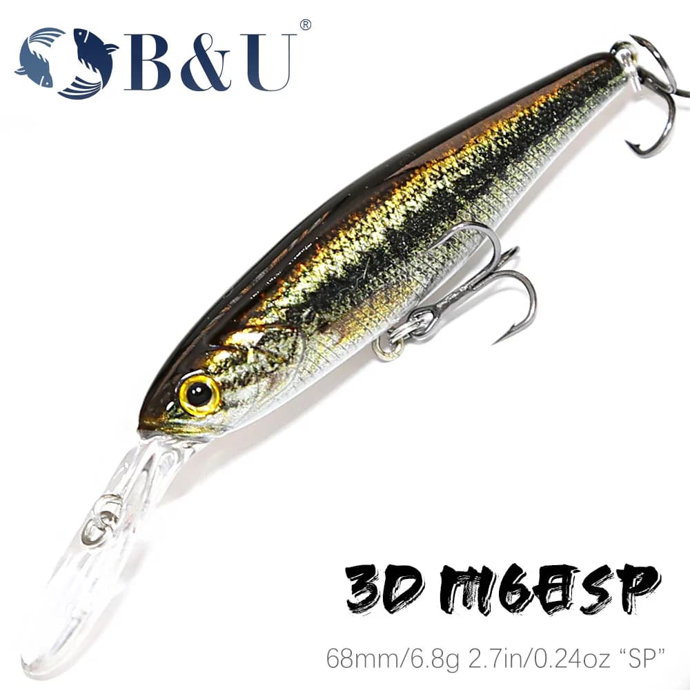B&U 68mm Stampa 3D Shad Sospeso Minnow Richiamo di pesca artificiale Jerkbait Wobblers Bass Pike Swimbait Esche da pesca