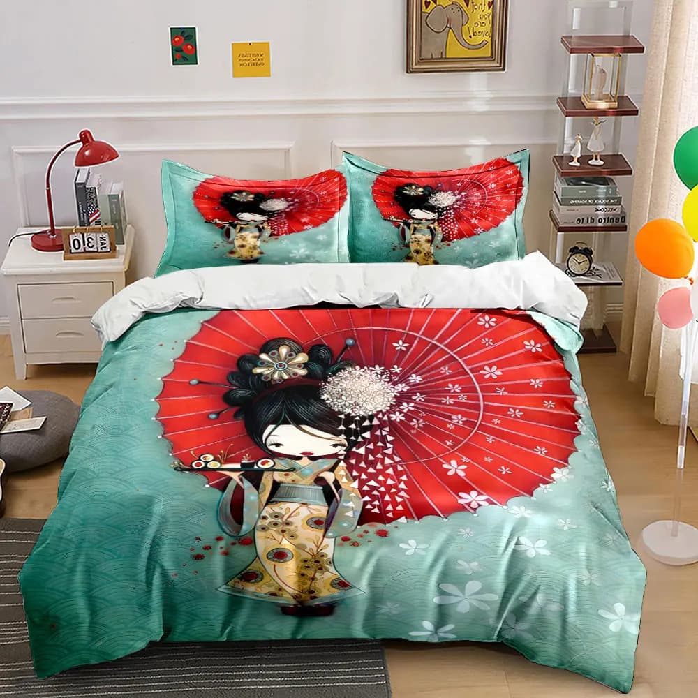 Set copripiumino con motivo Geisha con ombrello rosso e sushi, stampa digitale, biancheria da letto colorata in poliestere con chiusura a cerniera per regali
