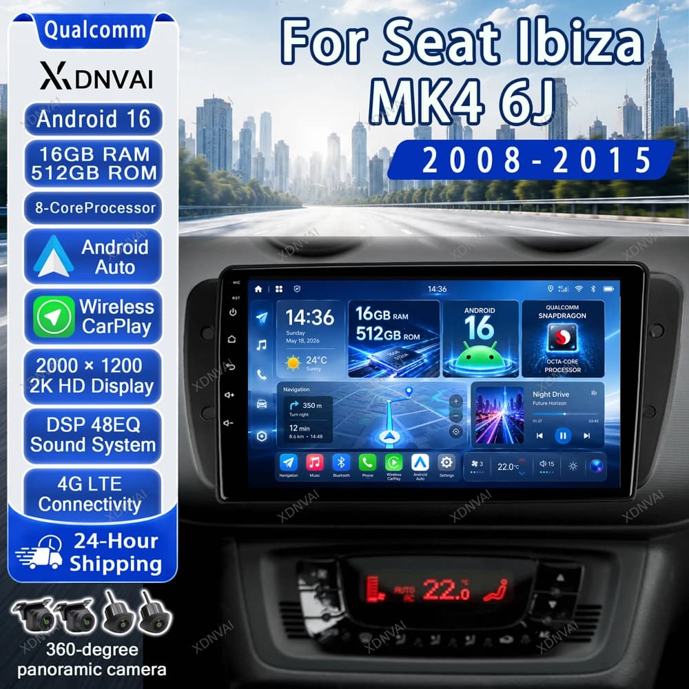 Android 16 Multimedia For Seat Ibiza MK4 6J 2008-2015 Car Radio Video Player BT Carplay Head Unit Stereo Navigation RDS 5G WIFI