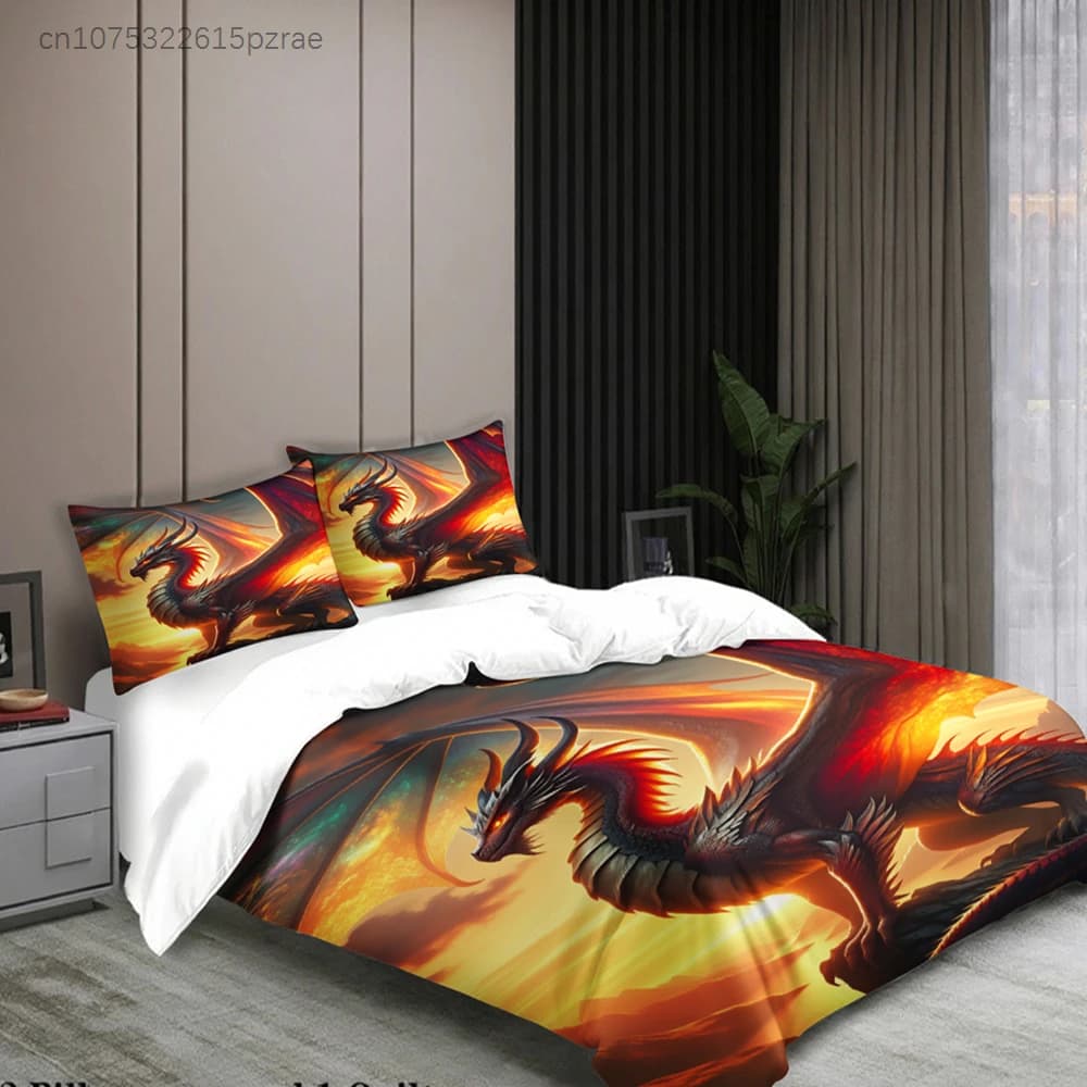 3pcs Dragon Bedding Sets 3D Printed Fire Dragon Breathable Anti-Slip Duvet Cover Sets With Pillowcases No Filling