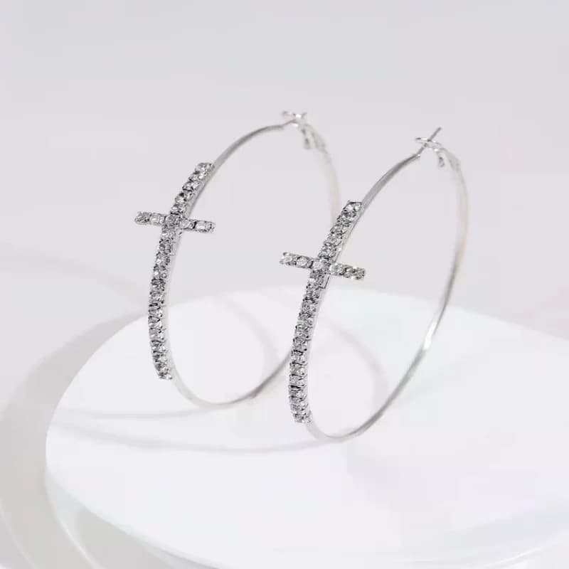 Orecchini a Cerchio Grandi e Lucidi con Croce per Donne, Eleganti Chiusure per Orecchie con Strass, Gioielli Geometrici di Alta Gamma, Idea Regalo