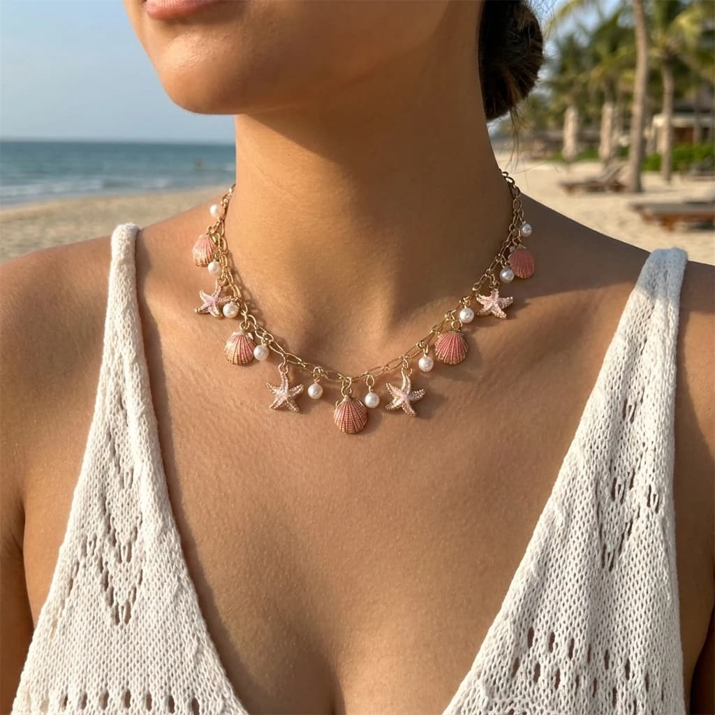 Boho Shell Pearl Tassel Choker Necklace Starfish Scallop Conch Pendant Dainty Summer Beach Jewelry Gift For Women
