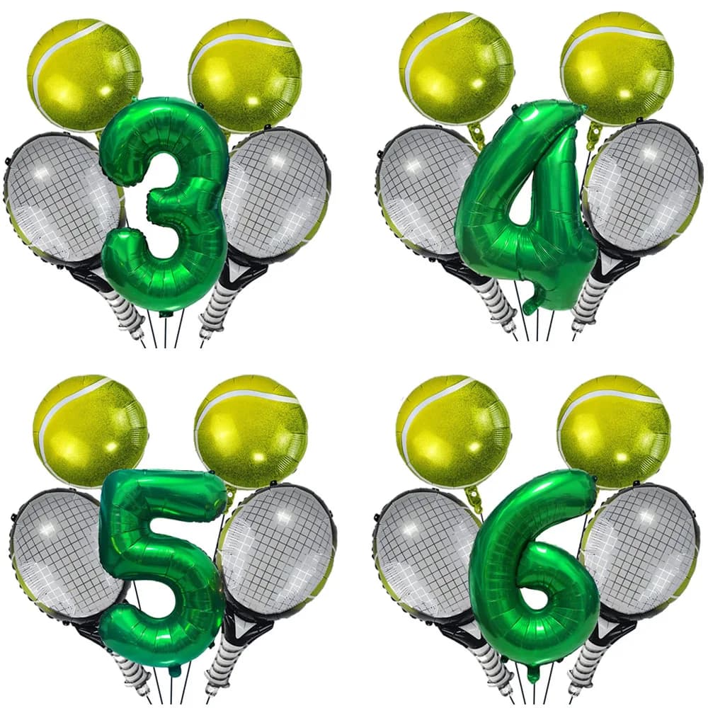 Tennis party balloon kits include green tennis balloons and 18 inch racket, birthday party decorations for kids and girls