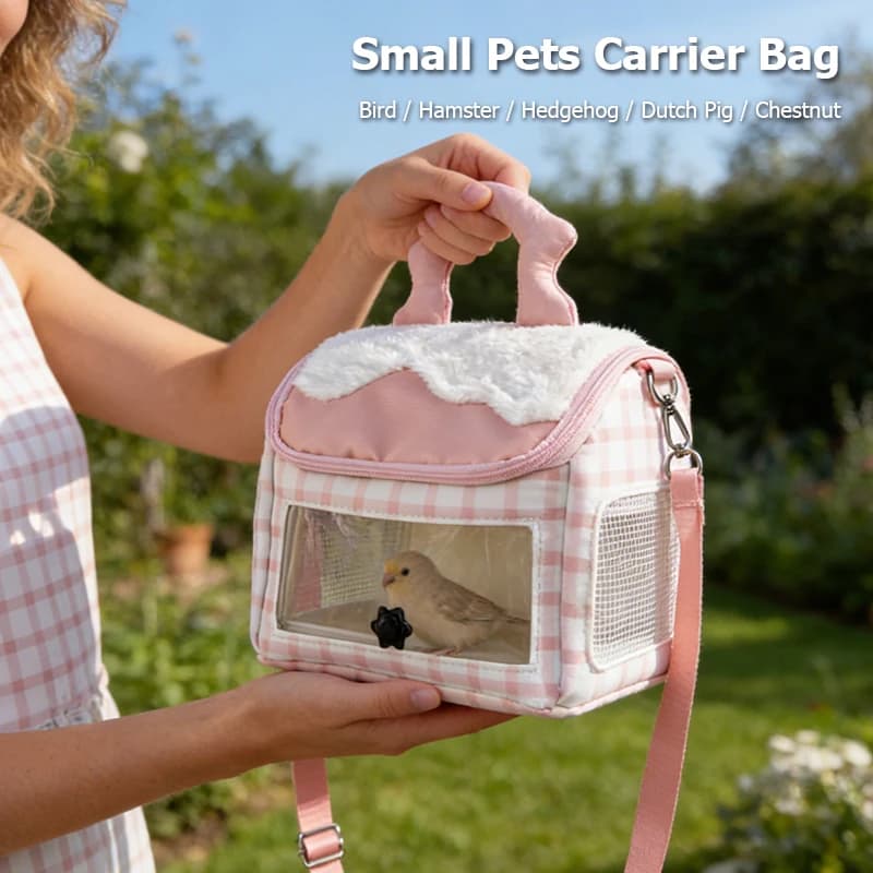 Borsa Trasportino Portatile per Piccoli Animali con Bastone e Vassoio, a Forma di Casa, in Rete Traspirante, per Criceti, Uccelli, Chipmunk, Ricci
