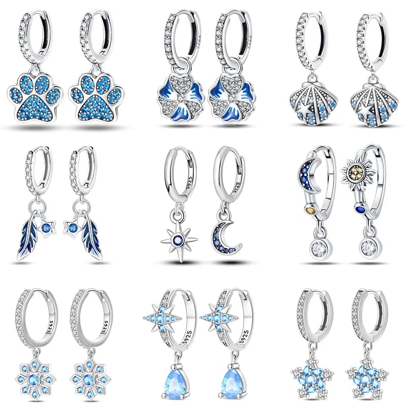 Original 925 Silver Blue Zircon Dreamcatcher Feather Star Moon Cute Claw Hoop Earrings For Women Fine Birthday Jewelry Gifts