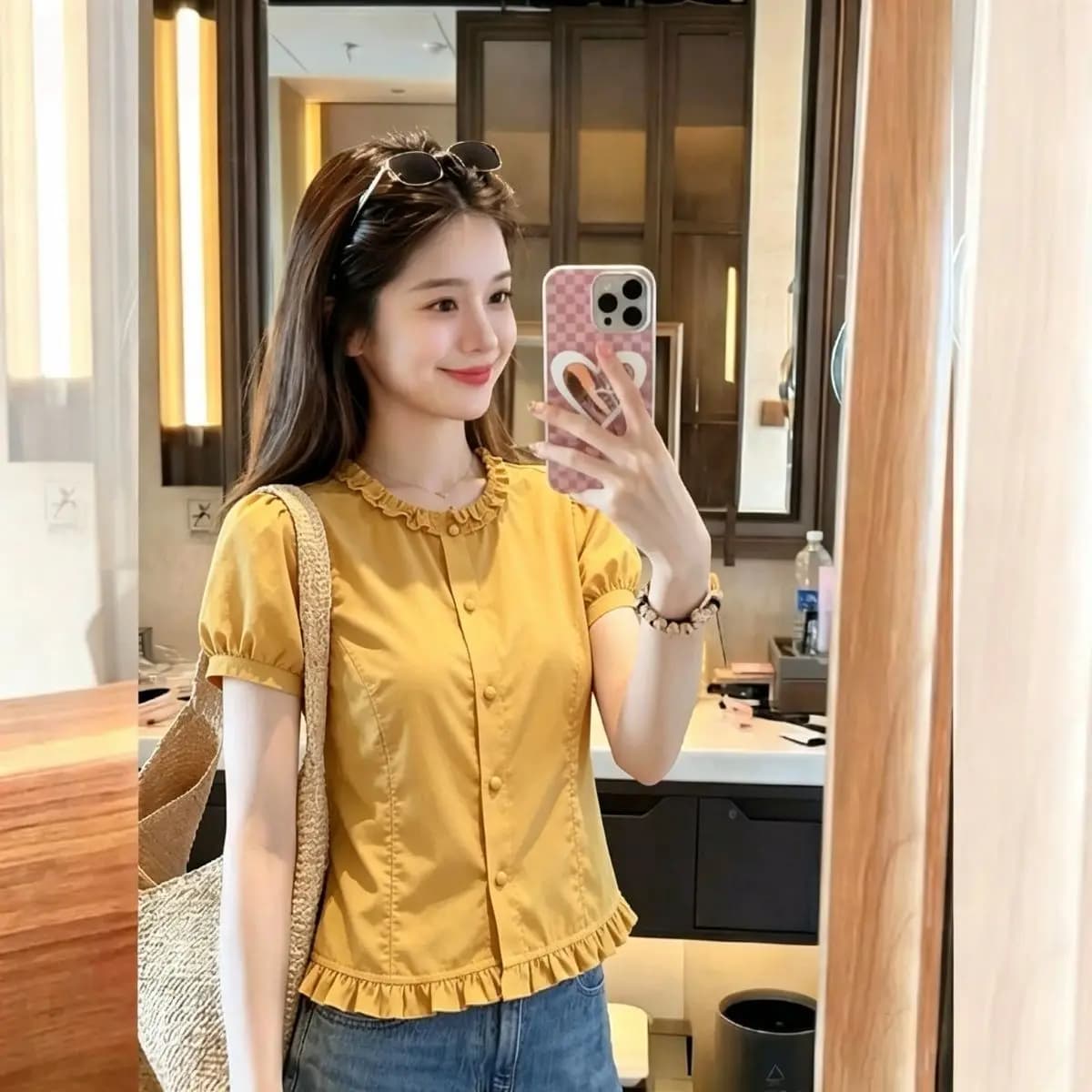 Fashionable Short Sleeve Shirt Women's Style Edging Slimming Summer New Design Ladies' Blouse round Neck Easy to Deform