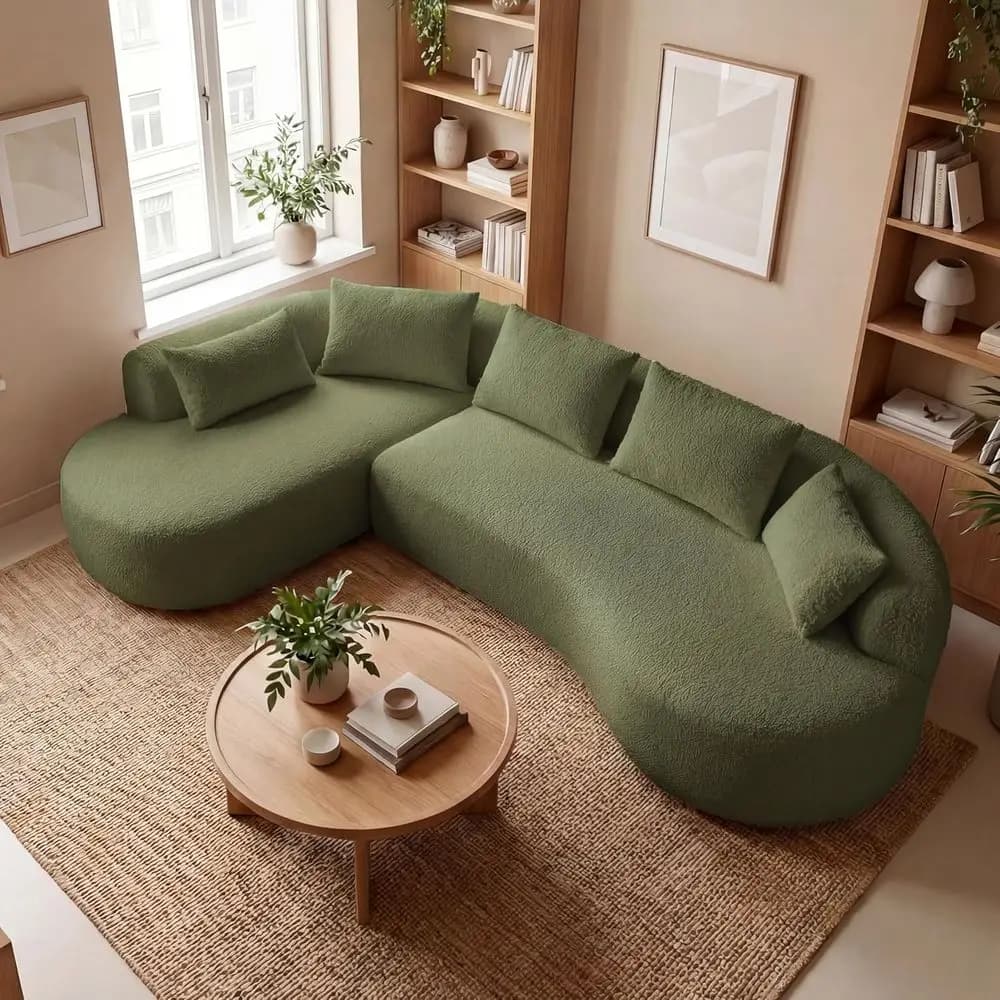 Divano Sezionale Curvo Oversize con Chaise Longue Sinistra, 4 Posti, Seduta Profonda e Ampia, Divano Verde con 5 Cuscini, Nessun Montaggio Richiesto