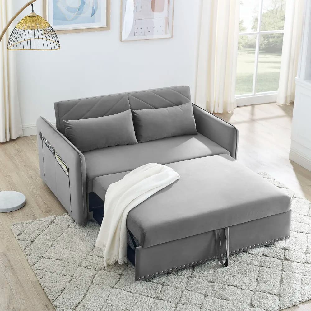 Divano letto con porta USB, letto regolabile 3 in 1 con letto estraibile, 2 cuscini lombari e tasca laterale