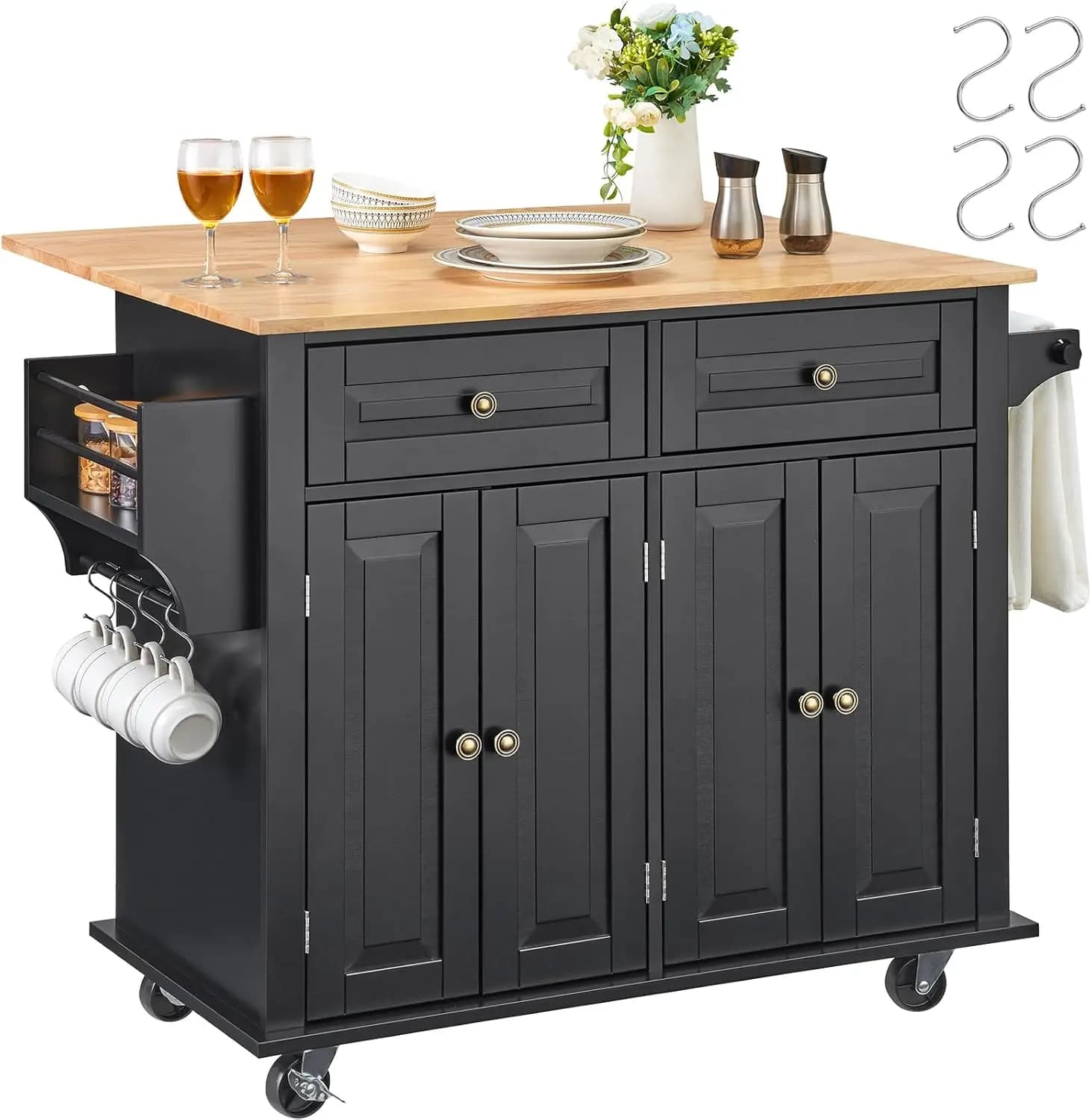 Carrello da Cucina con Piano in Legno da 35 Pollici, con Spazio di Stoccaggio, Ripiano Ribaltabile, Porta Spezie, Portasciugamani, Ripiano Regolabile e Cassetto su Ruote, Nero