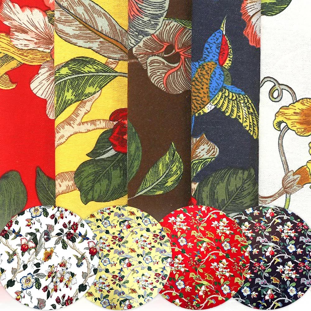 50 cm * 145 cm Tessuto stampato in cotone e lino Modello vintage di fiori e uccelli per cucire cuscino divano fodera per cuscino tovaglia materiali